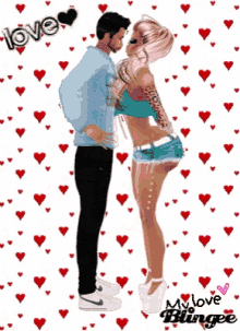 a picture of a man and woman kissing with the words love my love blingee in the background