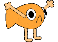 a cartoon drawing of an orange object with arms and legs and a face