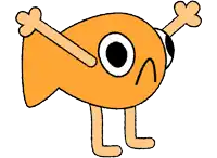 a cartoon drawing of an orange object with arms and legs and a face
