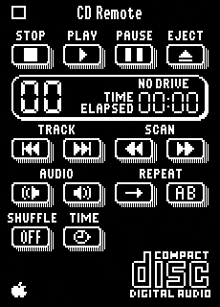 a black and white cd remote with buttons for play pause eject and stop