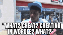 a man wearing a hat and a shirt is standing in front of a pizza restaurant .