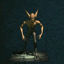 a computer generated image of a monster with red eyes standing in front of a wall