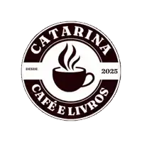 a logo for catarina cafe e livros with a cup of coffee in the center