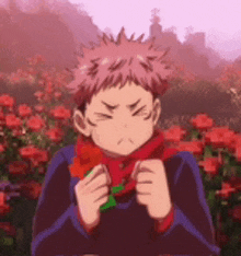 a young boy is holding a red rose in his hands in front of a field of red flowers .