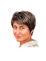 a drawing of a woman with short brown hair and a white shirt on a white background