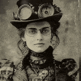 a black and white photo of a woman wearing glasses and a hat