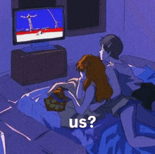 a cartoon of a man and woman laying on a bed watching a tv with the word us written below them