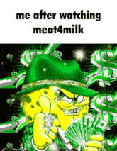 a picture of spongebob wearing a green hat holding money