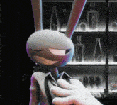 a cartoon character is standing in front of a shelf with bottles of alcohol on it