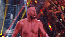a shirtless wrestler stands in front of a crowd with a t-shirt that says triple h on it