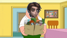 a cartoon of peter griffin holding a bag of groceries