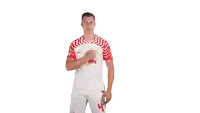 a man in a red and white jersey with the number 4