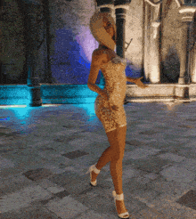 a woman in a gold dress and white heels is standing on a tile floor