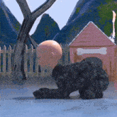 a cartoon of a baby and a dog in front of a dog house .