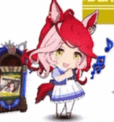 a cartoon girl with red hair is standing next to a jukebox .