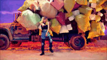 a woman is standing in front of a truck that is loaded with bags