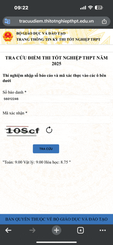a screenshot of a website that says tracuudiem.thitotnghiepthpt.edu.vn at the top