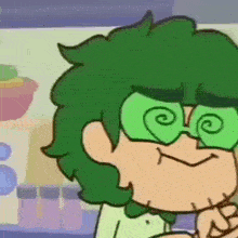a close up of a cartoon character wearing green glasses and a bow tie .