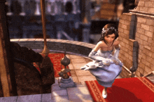 a woman in a white dress is walking on a red rug