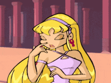a cartoon drawing of a girl with blonde hair and a purple headband