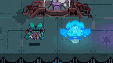 two pixel art characters are standing next to each other in front of a machine in a video game .