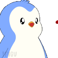 a blue and white penguin is looking at a red hot dog