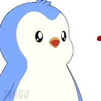 a blue and white penguin is looking at a red hot dog