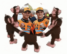 two men wearing orange shirts with the number 25 on them are surrounded by stuffed animals