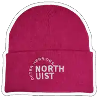 a brown beanie with the words outer hebrides north uist embroidered on it