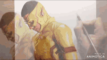 a drawing of a man in a yellow superhero costume is made in animotica