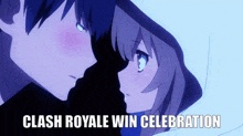 a boy and a girl are kissing with the words clash royale win celebration written below them
