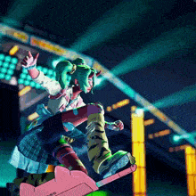 a cartoon character with green hair is riding a roller coaster at night