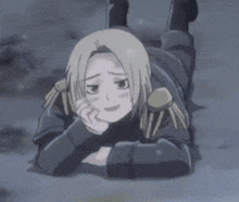 a cartoon character is laying on the ground and smiling