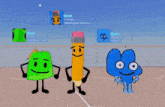 a group of cartoon characters including a pencil and a four