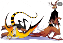 a drawing of a dragon and a man with a question mark on the bottom