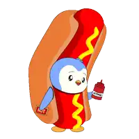 a penguin in a hot dog with ketchup on it