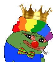 a cartoon frog with a crown on his head is dressed as a clown and smoking a cigarette