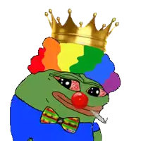 a cartoon frog with a crown on his head is dressed as a clown and smoking a cigarette