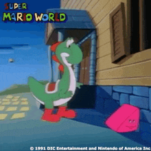 a cartoon of a yoshi standing in front of a building with super mario world written above him