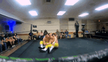two men are wrestling in a wrestling ring with a crowd watching