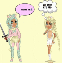 a cartoon girl with a sword and a speech bubble that says i wanna kms