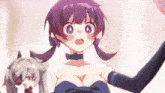 a girl with purple hair and black gloves is standing next to another girl