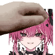 a hand is petting a pink haired anime girl .