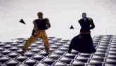 two cartoon characters are standing on a chess board