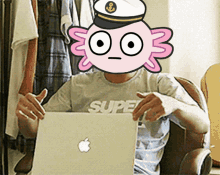 a person with an axolotl on their head using an apple laptop