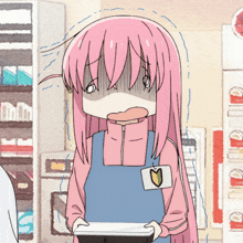 a girl with pink hair is wearing a blue apron with a sticker that says ' beginner ' on it