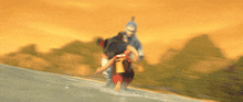 a man in a blue helmet is carrying another man in a red shirt