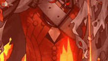 a close up of a cartoon character with fire coming out of it 's chest .