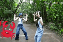 two women are dancing in front of a red crab and the word chong is on the bottom right