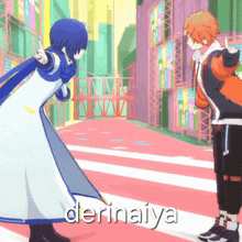 a couple of anime characters are standing next to each other and the word derinaiya is on the bottom
